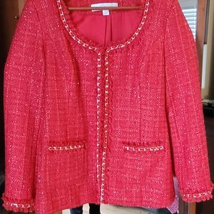 Beautiful Boston Proper red jacket with gold tread, gold chain accents.